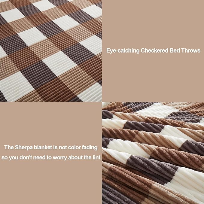 PU MEI Sherpa Blanket Full/Queen Plaid Thick Bed Blanket, 90”*80” Super Soft Flannel Fuzzy Fleece Reversible Velvet Plush Warm Blanket for Couch(Beige Check, 80"*90")