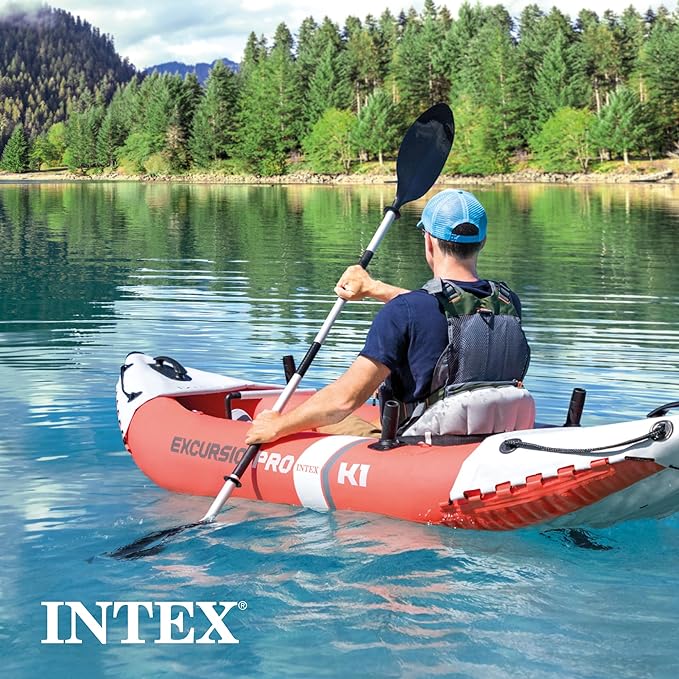 INTEX 68303EP Excursion Pro K1 Inflatable Kayak Set: Includes Deluxe 86in Kayak Paddles and High-Output Pump – SuperTough PVC – Adjustable Bucket Seat – 1-Person – 220lb Weight Capacity