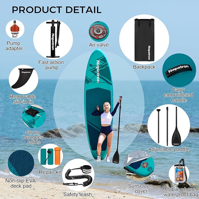 Napatron Family Inflatable Stand Up Paddle Board, Sup,Stable Wide Design,350LBS Capacity,Complete Paddle Board Package with Fast Action Pump,Leash,Ideal for Beginners/Youth & AllSkill Levels