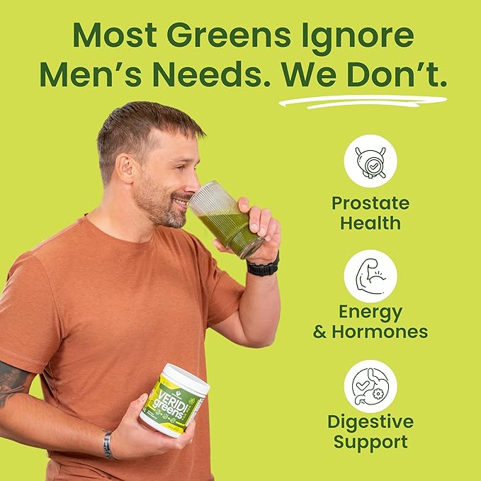Veridi Greens for Men 40+ | Daily Superfood Greens Powder for Prostate Health, Hormone & Energy Support | Premium USA Blend with Spirulina, Saw Palmetto, Zinc & Enzymes
