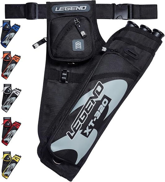 LEGEND XT320 Archery Quivers - Nylon Hip Quivers with 3 Arrow Tube Cases for Target Shooting - Adjustable Waist Belt, T-Slot, Storage Compartments for Accessories, Gear, Tools, Release Tab, Score Card