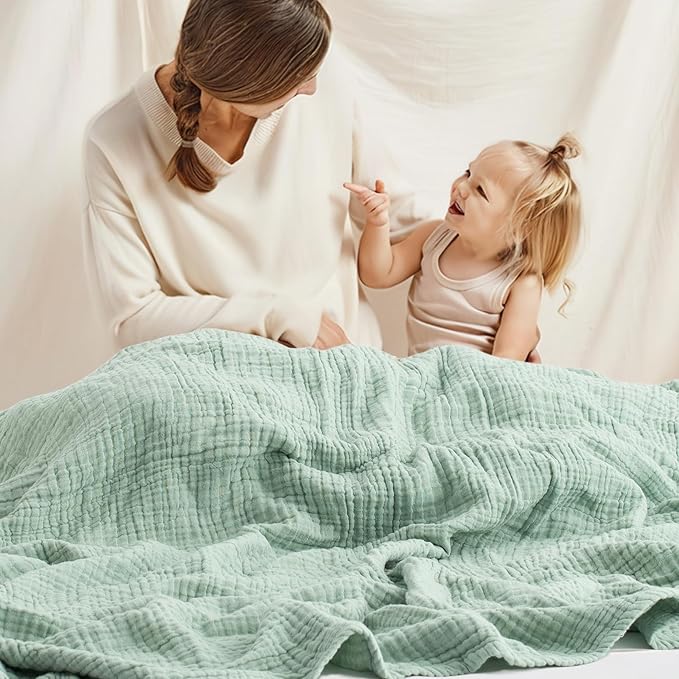 Carriediosa 100% Cotton Muslin Throw Blanket 50" X 70" Throw XL Size，4-Layers Summer Gauze Throws for Bed Couch，Soft Lightweight Breathable Linen Blankets Bedspread for Adults All Season，Sage Green