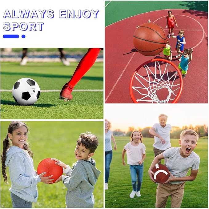 Deekin 4 Pcs Sport Balls Set for Kids Teens, Include Official Size 5 Basketball 4 Soccer 6 Football Playground Ball and Pump Sports Equipment Bag Recess Equipment Sport for Students(Normal Color)