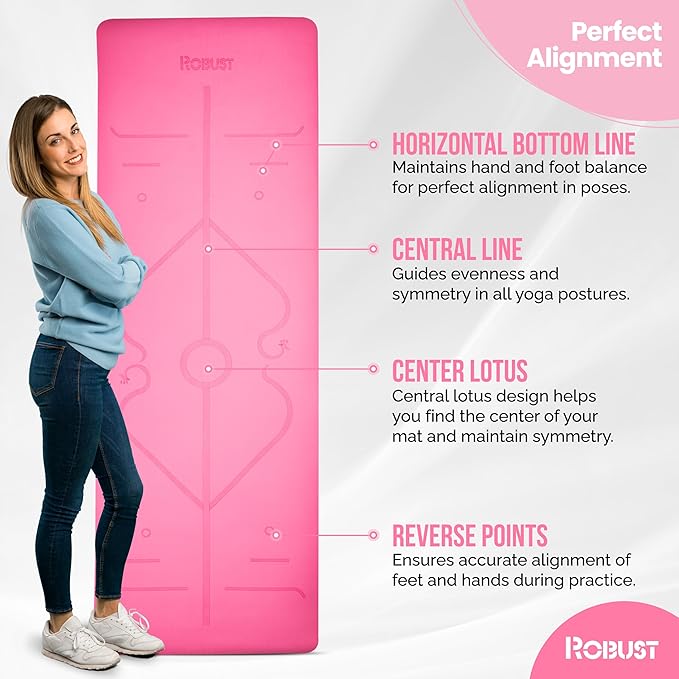 Robust Non-Slip Yoga Mat with Strap, 1/4" Thick TPE Eco-Friendly Workout Mat for Yoga with Position Lines and Texture Surface, Gym Mat for Women, Men, Pilates and Exercises Anti-Tear Sweat-Proof Exercise Mat