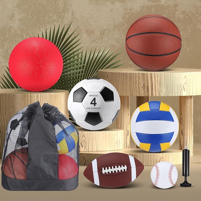 Realspring 6 Pcs Multi Sport Ball Set for Kid Teen Operation Christmas Official Size Football, Basketball, Soccer, Volleyball, Playground Ball, Baseball with Sports Equipment Bag Pump