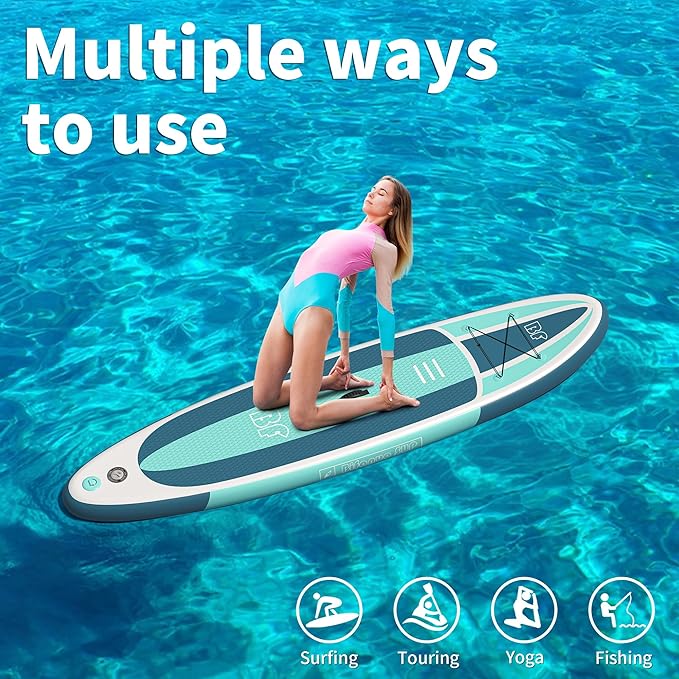 Inflatable Stand Up Paddle Board with SUP Accessories & Backpack. Paddle Boards for Adults. Non-Slip Deck, Wide Stance, Bottom Fin, Double Action Pump.