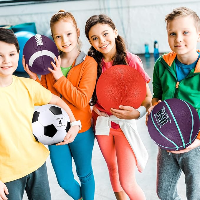 Deekin 4 Pcs Sport Balls Set for Kids Teens, Include Official Size 5 Basketball 4 Soccer 6 Football Playground Ball and Pump Sports Equipment Bag Recess Equipment Sport for Students(Purple, Teal)