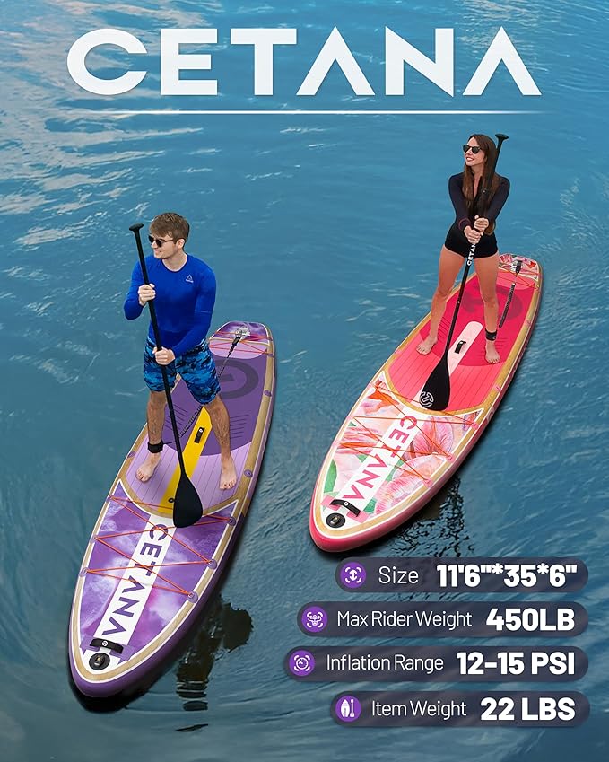 CETANA 11'6×35" Extra Wide Stand Up Paddle Board for Adults & Youth, 400lb Capacity Inflatable Paddle Board, Sup for 2+1 Person with Removable US Fin, 100L Backpack, Floating Paddle, Safety Leash