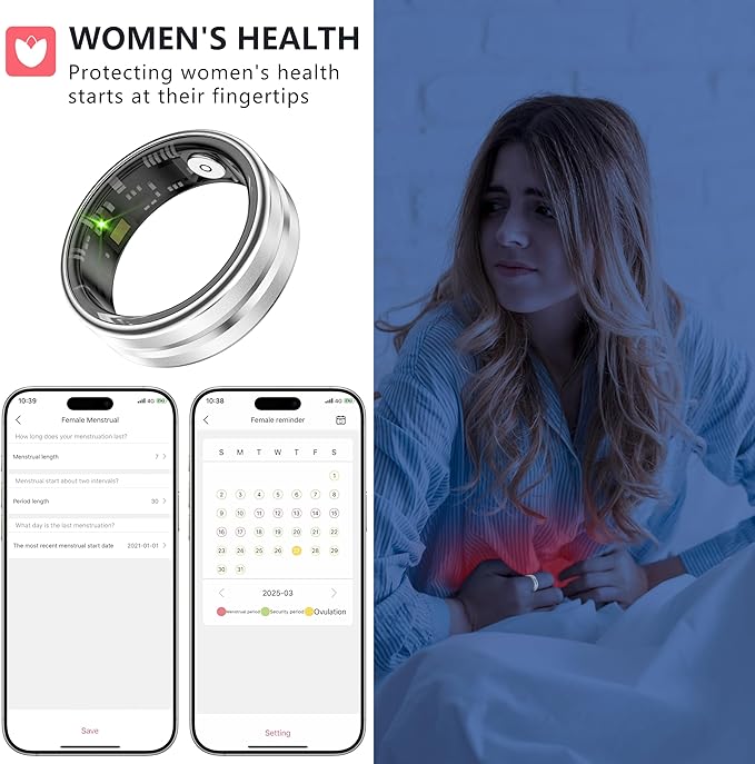 Thin Smart Ring for Fitness & Health Tracking -Pedometer,Sleep/Heart Rate/Blood Oxygen Monitor, Gesture Control / 5ATM Waterproof -No APP Subscription Compatible with Android& iOS (Silver, 8)