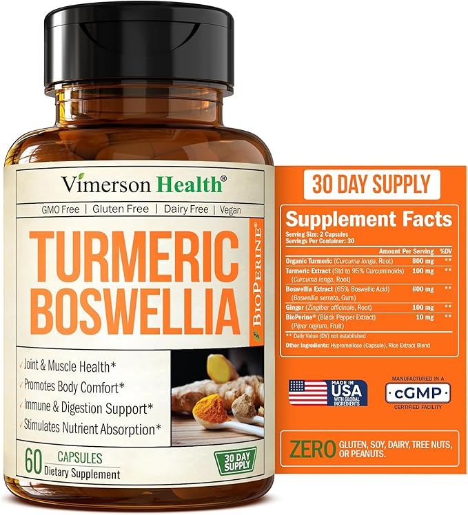 Turmeric Supplement with 65% Boswellia Extract Capsules - Turmeric Curcumin Supplement 95% Curcuminoids - Boswellia Serrata, Black Pepper, Organic Turmeric and Ginger Root Capsules - 60 Tumeric Caps