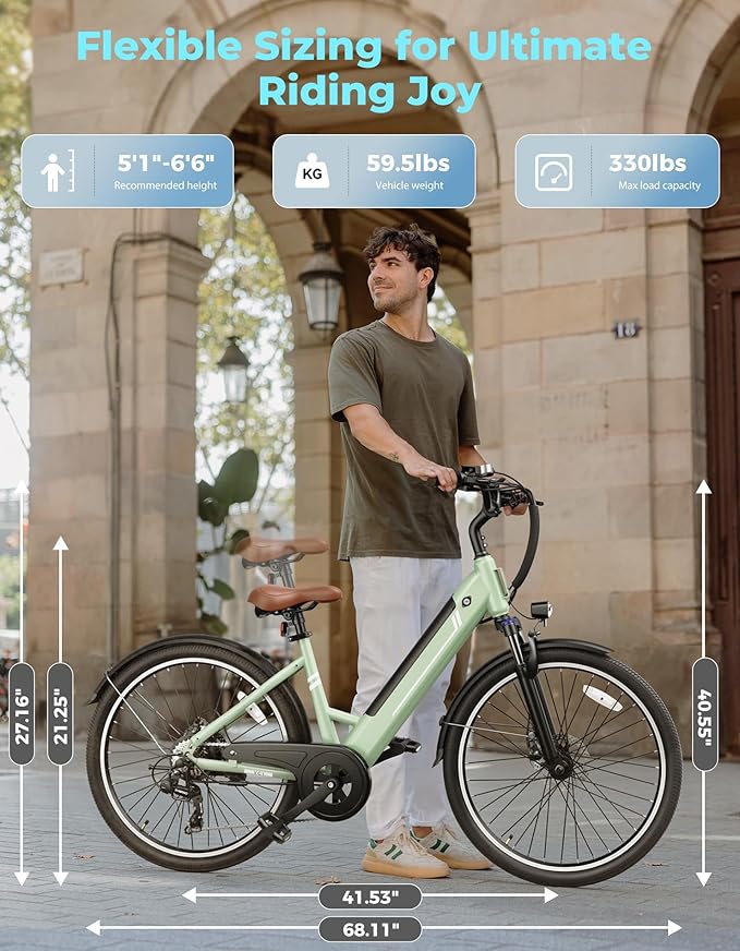 Jasion YC1/ST 26" Electric Bike, 750W Peak Motor, Step-Through Ebike for Adults, 360WH Removable Battery, Up to 40miles, Max 23MPH Urban Commuter E-Bike, 7 Speeds & Front Suspension