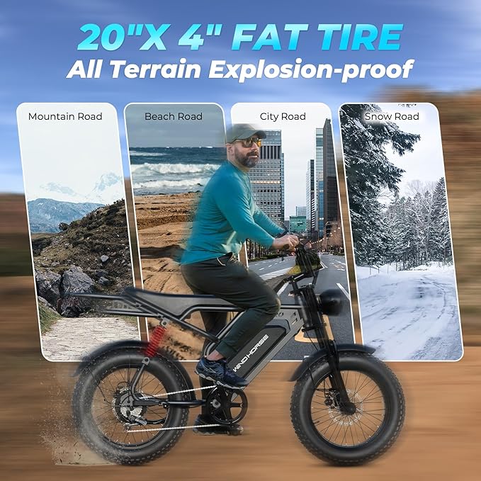 Electric Bike for Adults, 20" Fat Tire EBike 31MPH, 65Miles PAS Range, 1500W Peak Motor Electric Dirt Bike with Long Seat, Rear Rack, 48V 15.6AH Battery All-Terrain Electric Mountain Bike for Off-Road