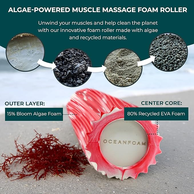 Oceanfoam Ripple Travel Foam Roller (11" x 3.35") Firm Mini Foam Roller for Physical Therapy, Deep Tissue Massage, Back Pain - High Density, Ergonomic Wave Textured - Yoga, Exercise (Red Marbled)