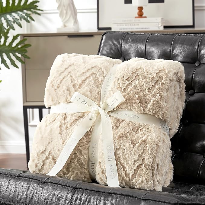 Cozy Bliss Faux Fur Throw Blanket for Couch - Soft Fuzzy Cozy Throw Gift Blankets for Women,Beige Boho Blanket for Sofa Bedroom Living Room.50 * 60 Inches