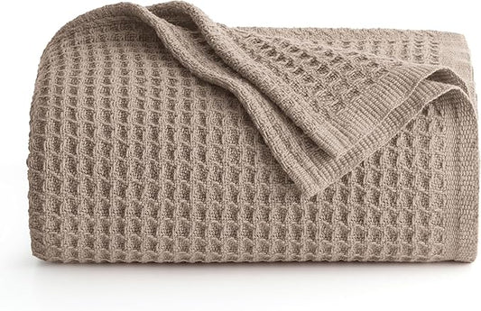 Bedsure 100% Cotton Blanket Twin XL Size for College Dorm - Breathable and Soft, Waffle Weave Twin Blanket for Summer, Dorm Room Essentials, Taupe, 66x90 inches