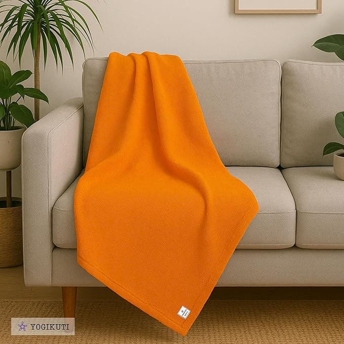 Yogikuti Iyengar Cotton Yoga Blanket Set of One – Thick Handwoven Yoga Blankets for Restorative Yoga, Meditation & Pranayama – Premium Cotton Yoga Blanket for Support & Comfort in Pranayama (Orange)