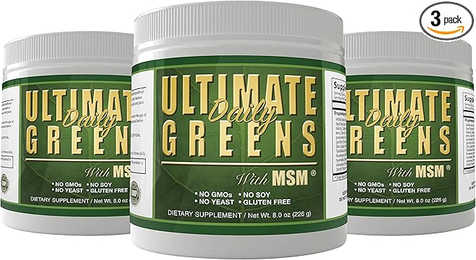 Ultimate Greens Powder Immune Support Vegan Friendly Vegetable Alkalize Drink NO GMO Gluten Soy Free 8oz 3 Pack
