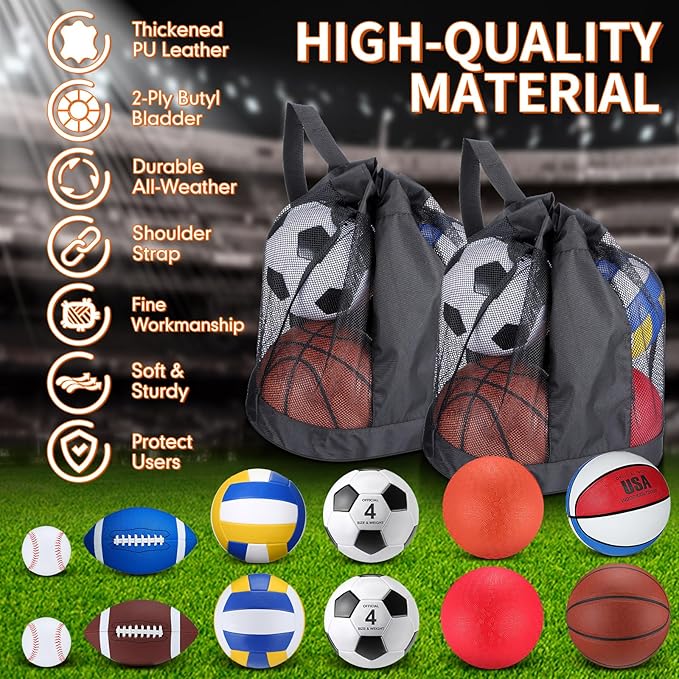 Deekin 12 Pcs Assorted Sport Ball Set Official Size Basketball, Football, Volleyball, Soccer, Baseball, Playground Ball with Bag and Pump Gift for Kid Youth Adult Back to School