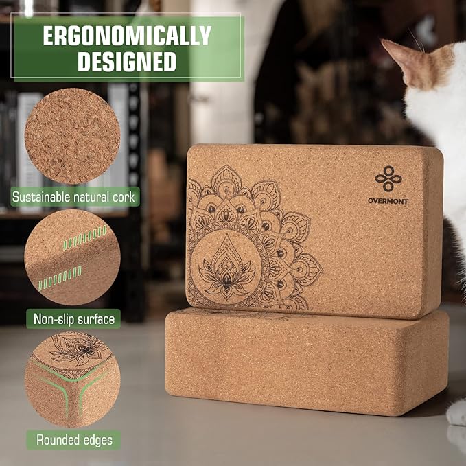 Overmont Cork Yoga Blocks 2 pack with 8ft Strap Natural Cork Bricks- High Density & Eco Friendly Yoga Accessories for Women - Ideal for Yoga Pilates General Fitness and Stretching 9x6x3''