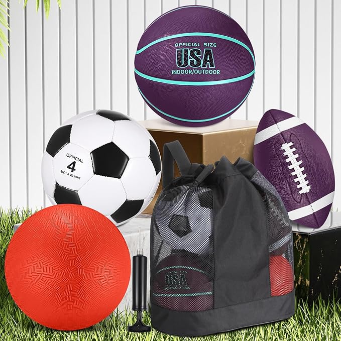 Deekin 4 Pcs Sport Balls Set for Kids Teens, Include Official Size 5 Basketball 4 Soccer 6 Football Playground Ball and Pump Sports Equipment Bag Recess Equipment Sport for Students(Purple, Teal)