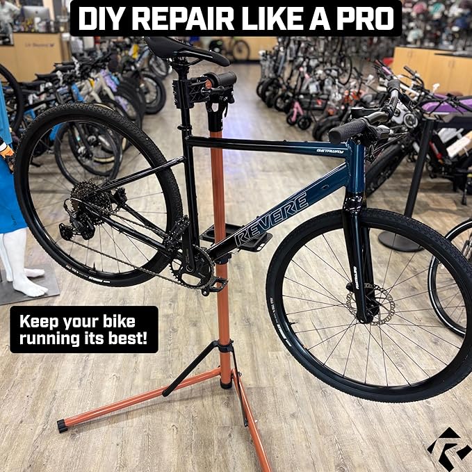 Revere Bike Repair Stand & Storage Bag, Telescoping Arm, Rotating Clamp, Magnetic Tool Tray, and Adjustable Handlebar Rod - Heavy Duty, Sturdy, Adjustable