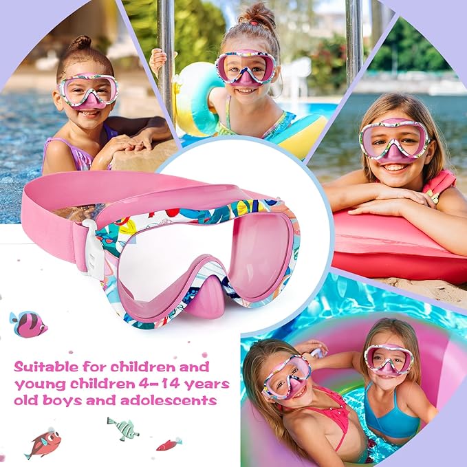 Kids Swim Goggles with Nose Cover, 180° Panoramic Snorkel Mask with Anti-Fog & Anti-Leak Design, Comfort Fabric Strap UV Protection Lens for Boys Girls Ages 3-15