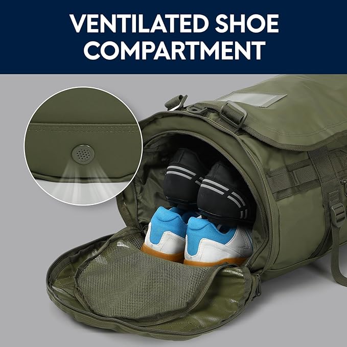 Haimont Large Duffle Backpack Bag for Men Travel, Heavy Duty Duffel Bags with Shoes Compartment for Long Trip, Camping, Water-resistant, 90L, Army Green