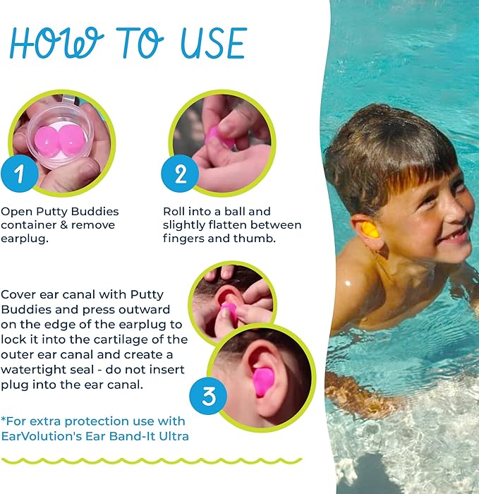 Earvolution Original Putty Buddies Ear Plugs for Swimming - Invented by an Ear Physician - Moldable, Premium Silicone Ear Plugs - One Size - Waterproof - Made in The USA - 3 Pair Pack