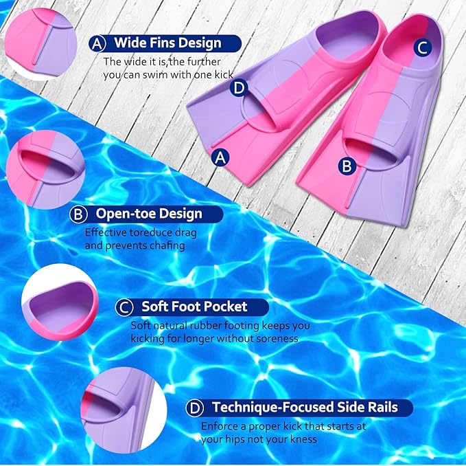 Kids Swim Fins,Short Kids Fins Youth Swimming Flippers for Lap Swimming Training for Children Girls Boys Beginners