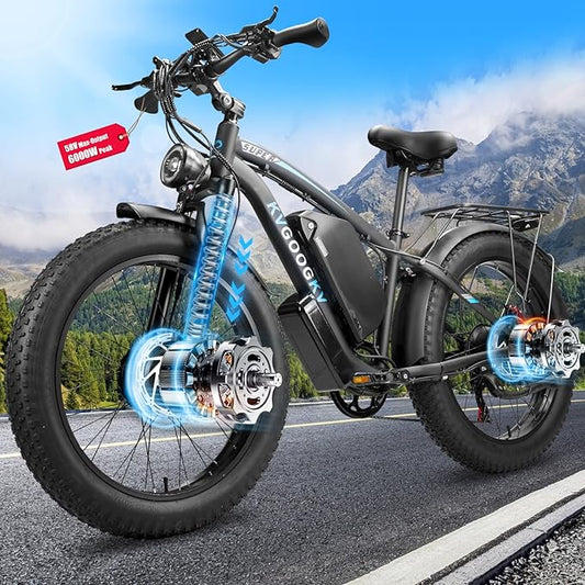 6000W Peak Electric Bike for Adults,58V Max-Output 1856Wh Dual Motor Ebike,47MPH 105Miles Range,24" x4.0 Fat Tire Hydraulic Disc Brake Front Fork Suspension E-Bike for Off-Road Mountain Snow Commuter