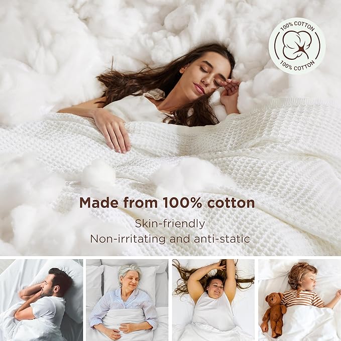 Bedsure 100% Cotton Blanket Queen Size for Bed - Breathable and Soft, Waffle Weave Blanket for Summer, Thick Cozy Fall Blankets for Women Gift, White, 90x90 Inches