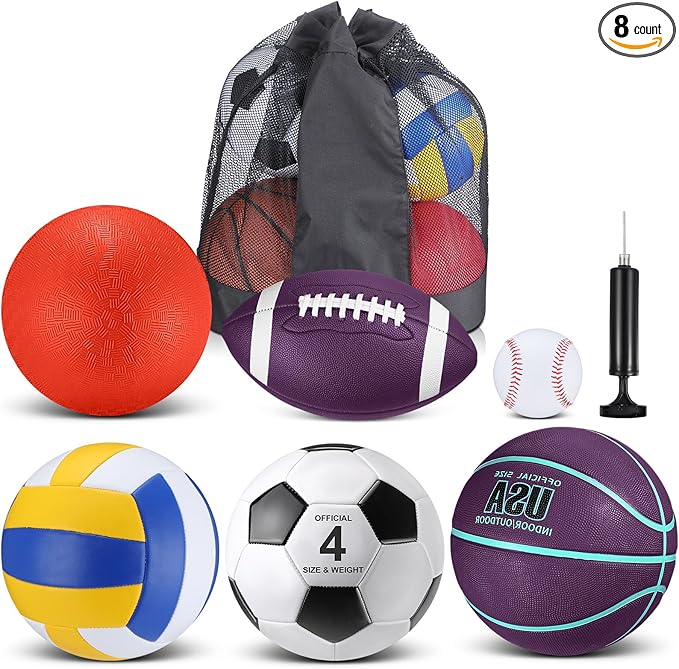 Realspring 6 Pcs Multi Sport Ball Set for Kid Teen Operation Christmas Official Size Football, Basketball, Soccer, Volleyball, Playground Ball, Baseball with Sports Equipment Bag Pump