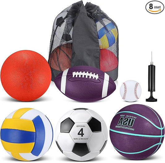 Realspring 6 Pcs Multi Sport Ball Set for Kid Teen Operation Christmas Official Size Football, Basketball, Soccer, Volleyball, Playground Ball, Baseball with Sports Equipment Bag Pump