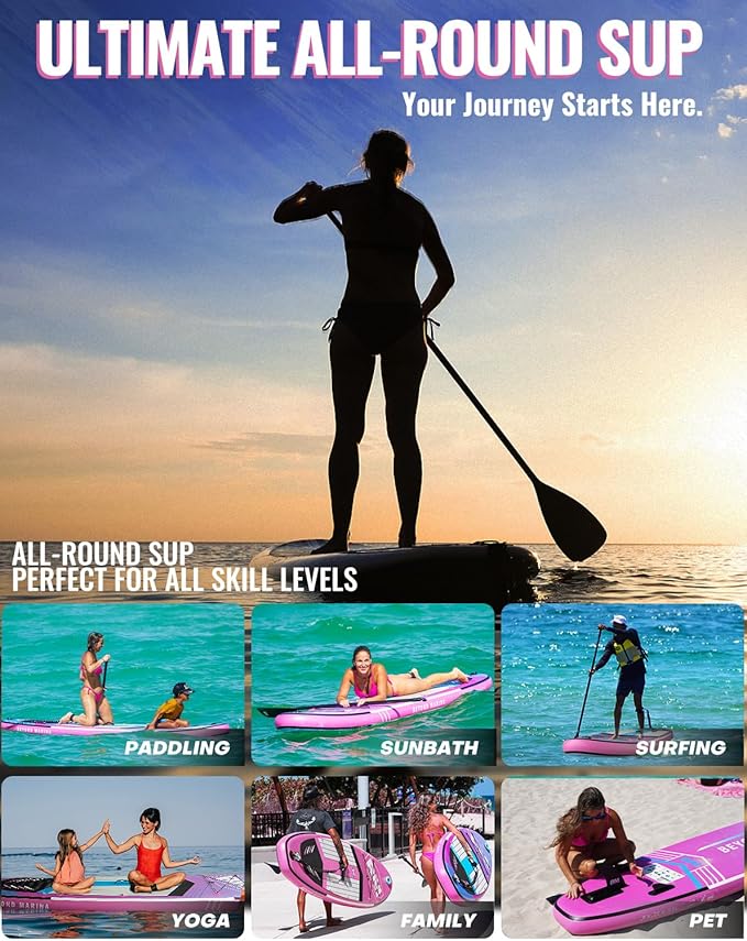 BM Paddle Board Inflatable Stand Up Paddle Board, SUP Paddleboard for Adult, Premium Accessories | Non-Slip EVA Deck & Foam Handles, Camera Mount, Double Action Pump, 85L Travel Backpack