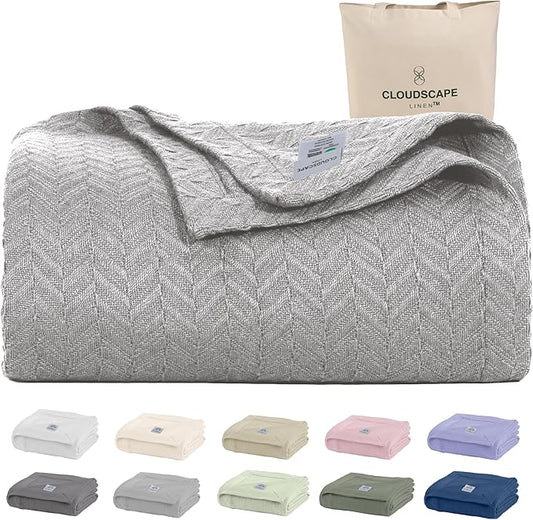 Cloud Scape Linen 100% Cotton Blanket King Size for Bed – Lightweight Summer Blanket, Herringbone Weave,fits California King Size Bed, 92x108,Light Grey