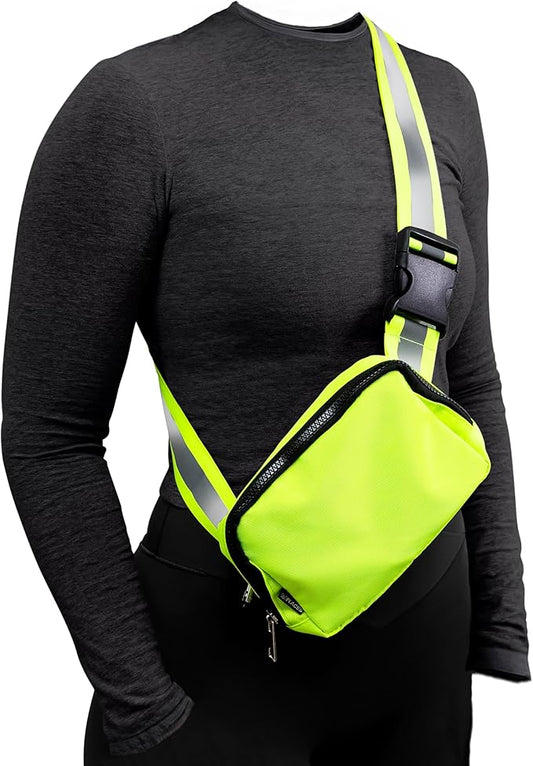 Reflective Belt Bag Night Sash for Night Safety - High Visibility Hip Bag Waist Pack with Large Storage Pouch - Adjustable Night Fanny Pack for Dog Walking, Hiking, Biking