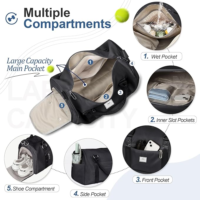 FIORETTO Womens Gym Tote Duffle Bag with Wet Pocket & Shoe Compartment, Sports Duffel Overnight Weekender Hospital Workout Carry on Bag for Girls, Ideal for Travel, Swimming, Dance, Ballet Black