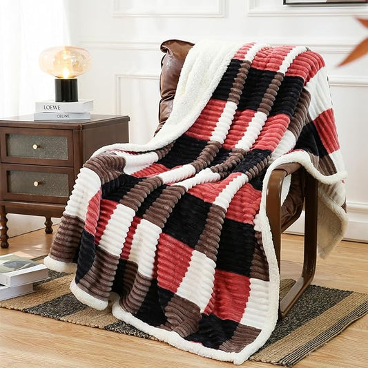 PU MEI Sherpa Blanket Twin Plaid Thick Bed Blanket, 60”*80” Super Soft Flannel Fuzzy Fleece Reversible Velvet Plush Warm Blanket for Couch (Black Red Check)