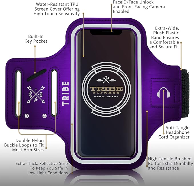 TRIBE Water Resistant Cell Phone Armband Case Running Holder for iPhone Pro Max Plus Mini SE (13/12/11/X/XS/XR/8/7/6/5) Galaxy S Ultra Plus Edge Note (21/20/10/9/8/7/6/5) Adjustable Strap & Key Pocket