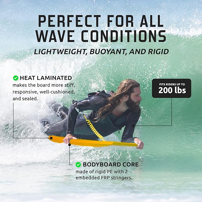 THURSO SURF 42'' Body Boards for Beach Pool Lightweight PE Core IXPE Deck HDPE Bottom FRP Stringers High Performance Body Board with Double Swivel Surf Leash and Bodyboard Bag Lightning