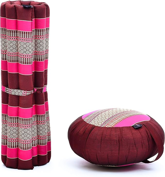 Leewadee Meditation Cushion Set – 1 Round Zafu Meditation Pillow and 1 Square Roll-Up Zabuton Meditation Mat, Pillows Bundle Filled with Kapok