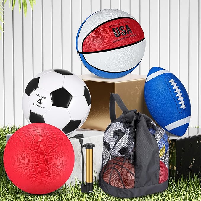Deekin 4 Pcs Sport Balls Set for Kids Teens, Include Official Size 5 Basketball 4 Soccer 6 Football Playground Ball and Pump Sports Equipment Bag Recess Equipment Sport for Students(Bright Color)