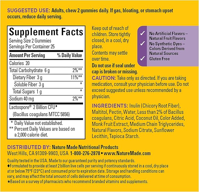 Nature Made Probiotic + Prebiotic Fiber Gummies, Gut Health, Fiber Supplement and Probiotics for Digestive Health, 50 Gummies, 25 Day Supply