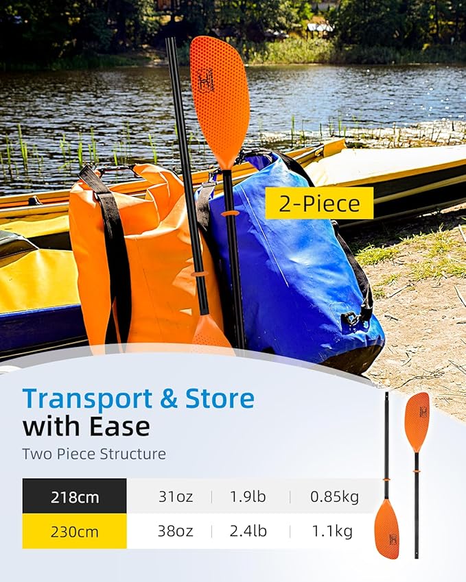 OCEANBROAD Kayak Paddle 86in/218cm, 90.5in/230cm Alloy Shaft 2-Piece Floatable Kayak Oar for Kayaking Canoeing Boating