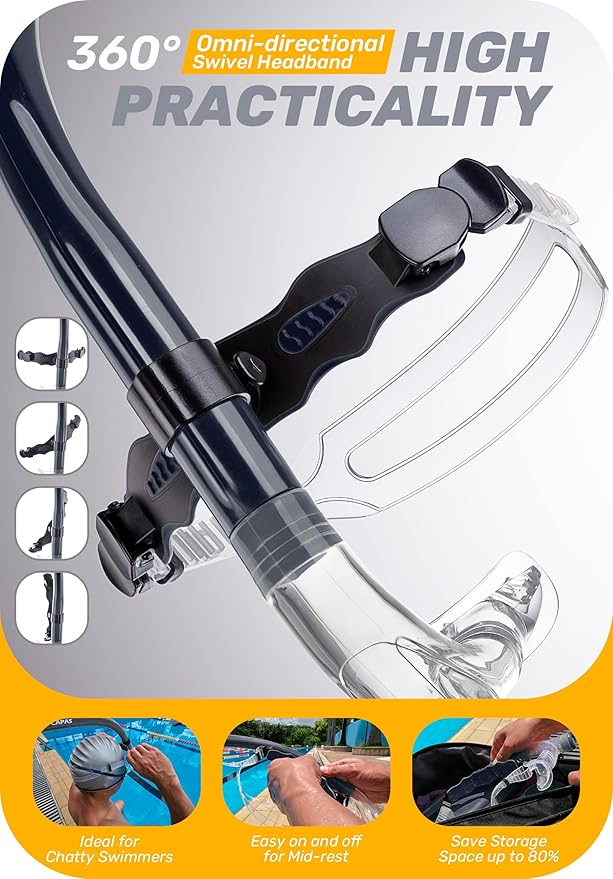 CAPAS Training Swim Snorkel for Lap Swimming, Swivel Headband Ultimate Fit Center-Mount Swimmers Snorkel with Liquid Silicone Mouthpiece Adjustable Strap, Designed for Adult Men Women