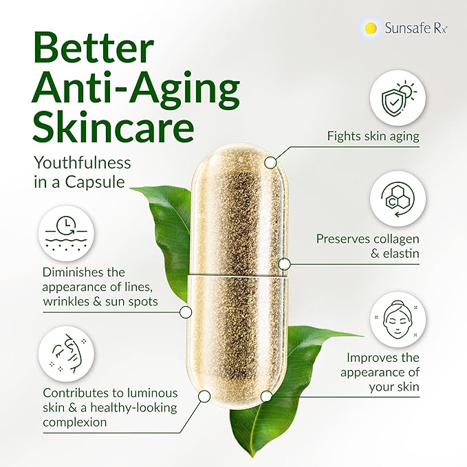 Sunsafe Rx Anti Aging Supplement: Natural Skin Protection Pills with Antioxidants for a Youthful Appearance & Eye Health + Vitamins, Minerals, & 250mg Polypodium Leucotomos (30 Capsules)