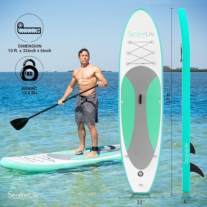 SereneLife Inflatable Stand Up Paddle Board with Premium SUP Accessories – Wide Stable Design with Non-Slip EVA Deck Pad for Adults and Youth of All Skill Levels