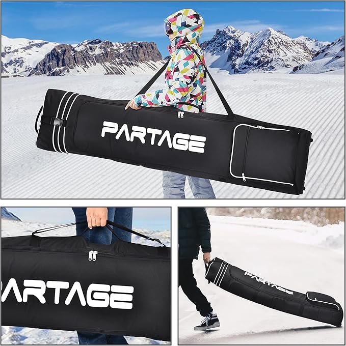 Partage Snowboard Bag with Wheels, Snowboard Bag for Air Travel, Adjustable Length Up to 170 cm, 600D Water Resistant Oxford -Black
