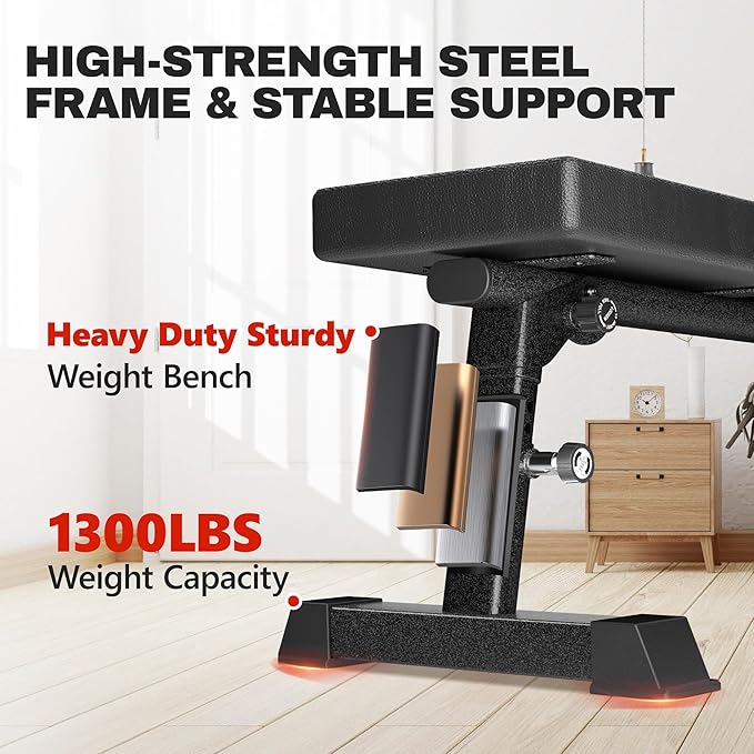 Flat Weight Bench - Heavy Duty Foldable Workout Bench for Home Gym, 1300lb Capacity Adjustable Strength Training Bench Press for Ab and Full Body Exercises, Sturdy and Easy to Fold