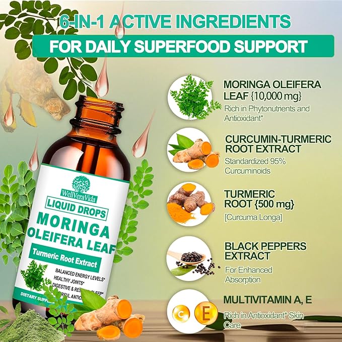 Organic Moringa Liquid Drops, Pure Moringa Oleifera Leaf Extract w. Turmeric, Black Pepper & Vitamin C E, Moringa Supplemens for Activates AMPK & GLP-1, Energy Antioxidant Skin Gut